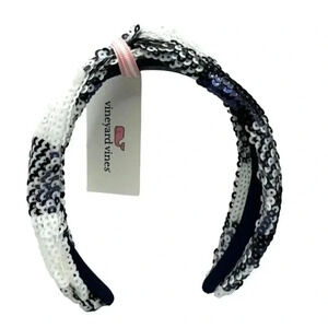 Vineyard Vines Sequin Plaid Knotted Headband NWT Navy Blue / Black White